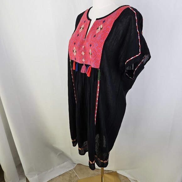 Joie Black Boho Cotton Embroidered Mini Dress Small Tassels Short Sleeves - Picture 6 of 10